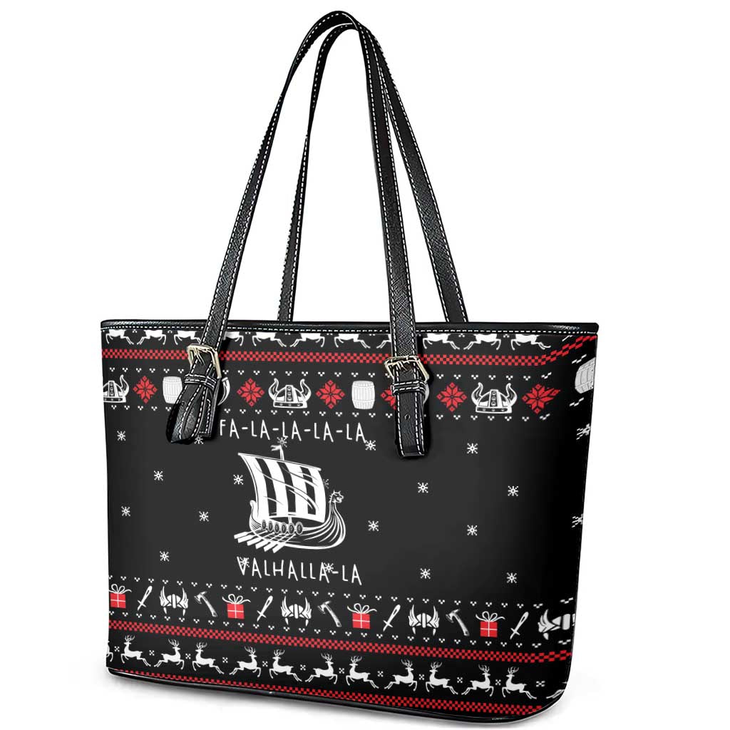 Viking Christmas Leather Tote Bag with Fa La La La La Valhalla Quote and Longship Nordic Pattern - Wonder Print Shop