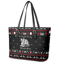 Viking Christmas Leather Tote Bag with Fa La La La La Valhalla Quote and Longship Nordic Pattern - Wonder Print Shop