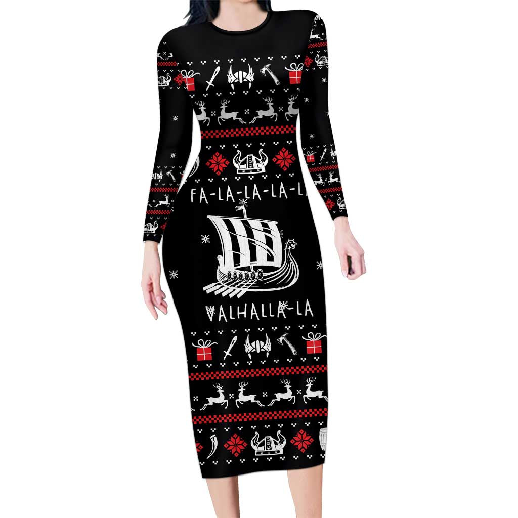 Viking Christmas Long Sleeve Bodycon Dress with Fa La La La La Valhalla Quote and Longship Nordic Pattern - Wonder Print Shop