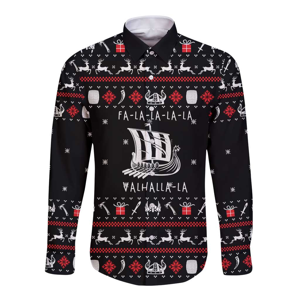 Viking Christmas Long Sleeve Button Shirt with Fa La La La La Valhalla Quote and Longship Nordic Pattern - Wonder Print Shop