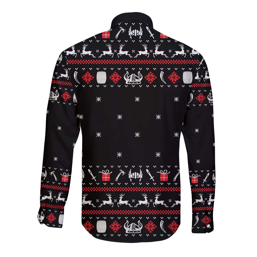 Viking Christmas Long Sleeve Button Shirt with Fa La La La La Valhalla Quote and Longship Nordic Pattern - Wonder Print Shop