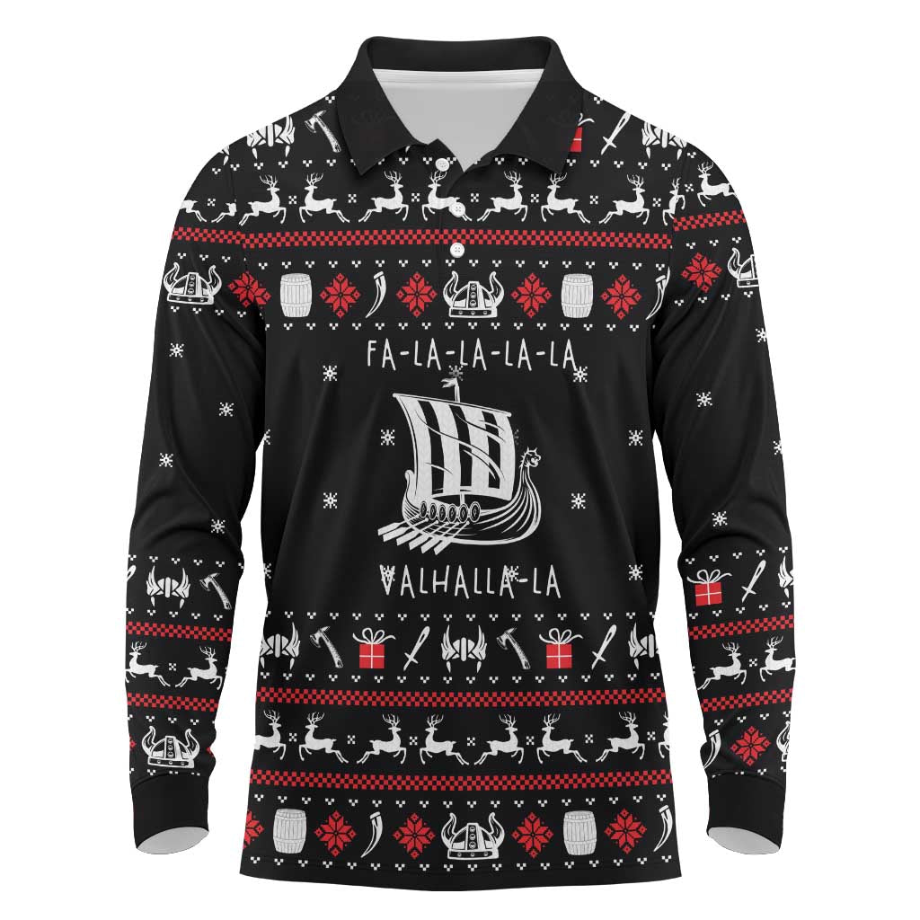 Viking Christmas Long Sleeve Polo Shirt with Fa La La La La Valhalla Quote and Longship Nordic Pattern - Wonder Print Shop