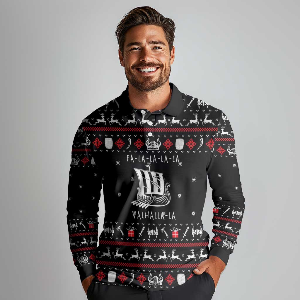 Viking Christmas Long Sleeve Polo Shirt with Fa La La La La Valhalla Quote and Longship Nordic Pattern - Wonder Print Shop