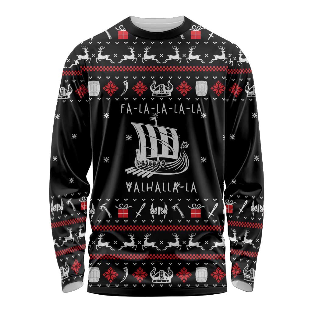 Viking Christmas Long Sleeve Shirt with Fa La La La La Valhalla Quote and Longship Nordic Pattern - Wonder Print Shop