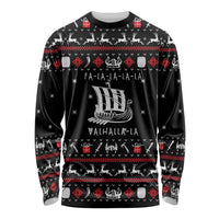 Viking Christmas Long Sleeve Shirt with Fa La La La La Valhalla Quote and Longship Nordic Pattern - Wonder Print Shop