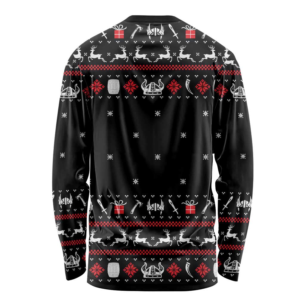 Viking Christmas Long Sleeve Shirt with Fa La La La La Valhalla Quote and Longship Nordic Pattern - Wonder Print Shop