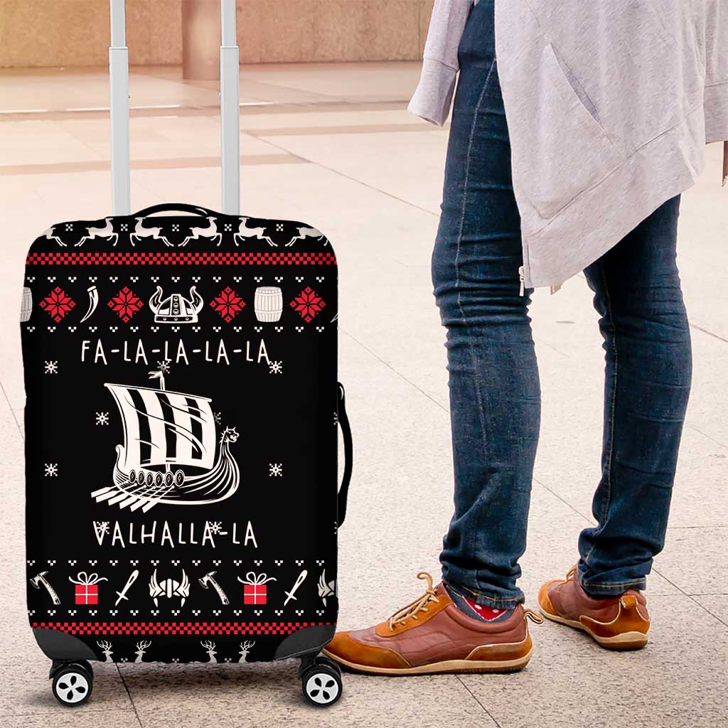 Viking Christmas Luggage Cover with Fa La La La La Valhalla Quote and Longship Nordic Pattern - Wonder Print Shop