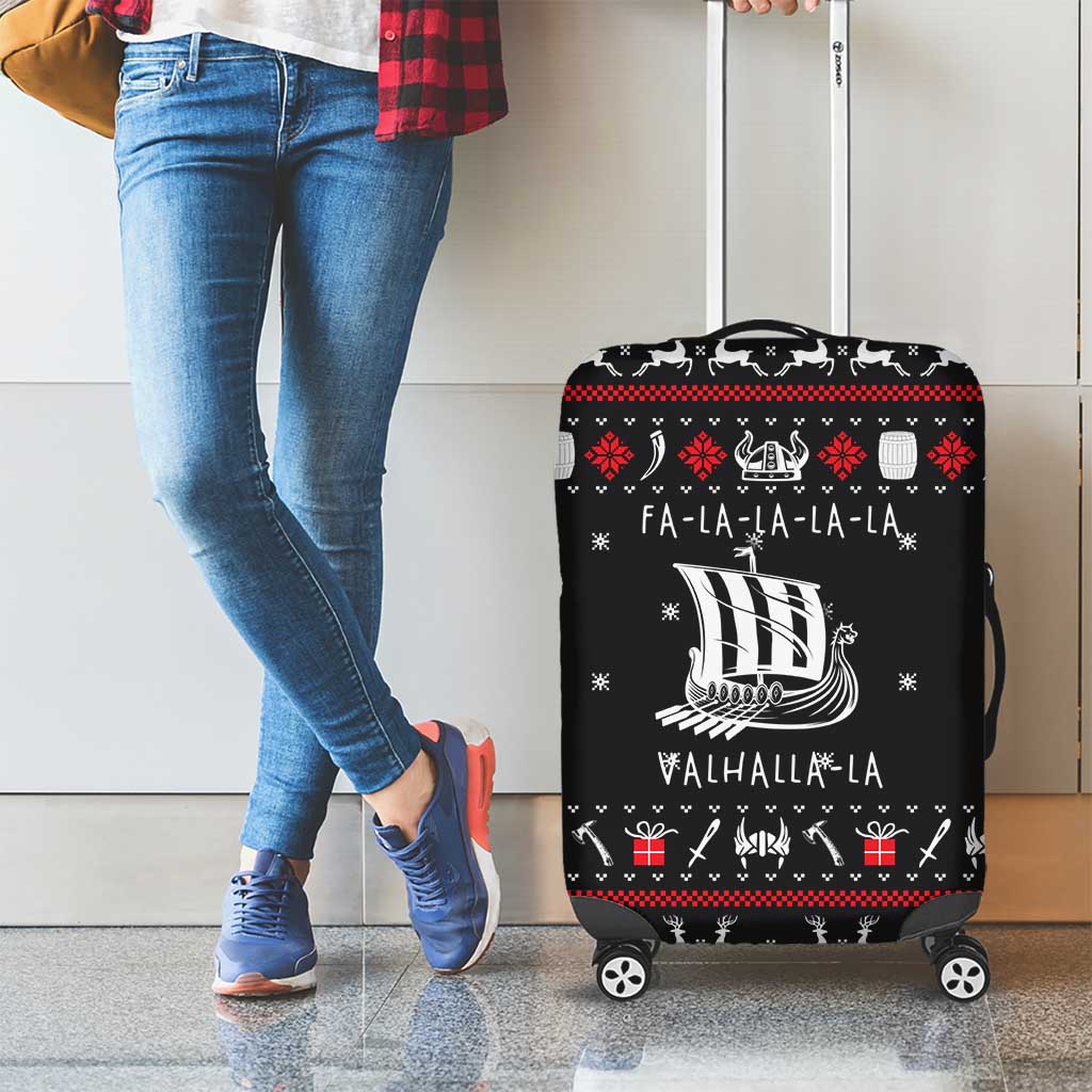Viking Christmas Luggage Cover with Fa La La La La Valhalla Quote and Longship Nordic Pattern - Wonder Print Shop