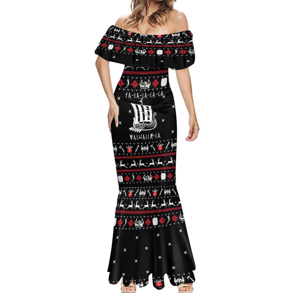 Viking Christmas Mermaid Dress with Fa La La La La Valhalla Quote and Longship Nordic Pattern - Wonder Print Shop