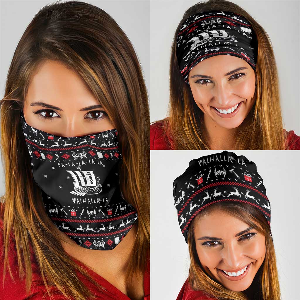 Viking Christmas Neck Gaiter with Fa La La La La Valhalla Quote and Longship Nordic Pattern - Wonder Print Shop
