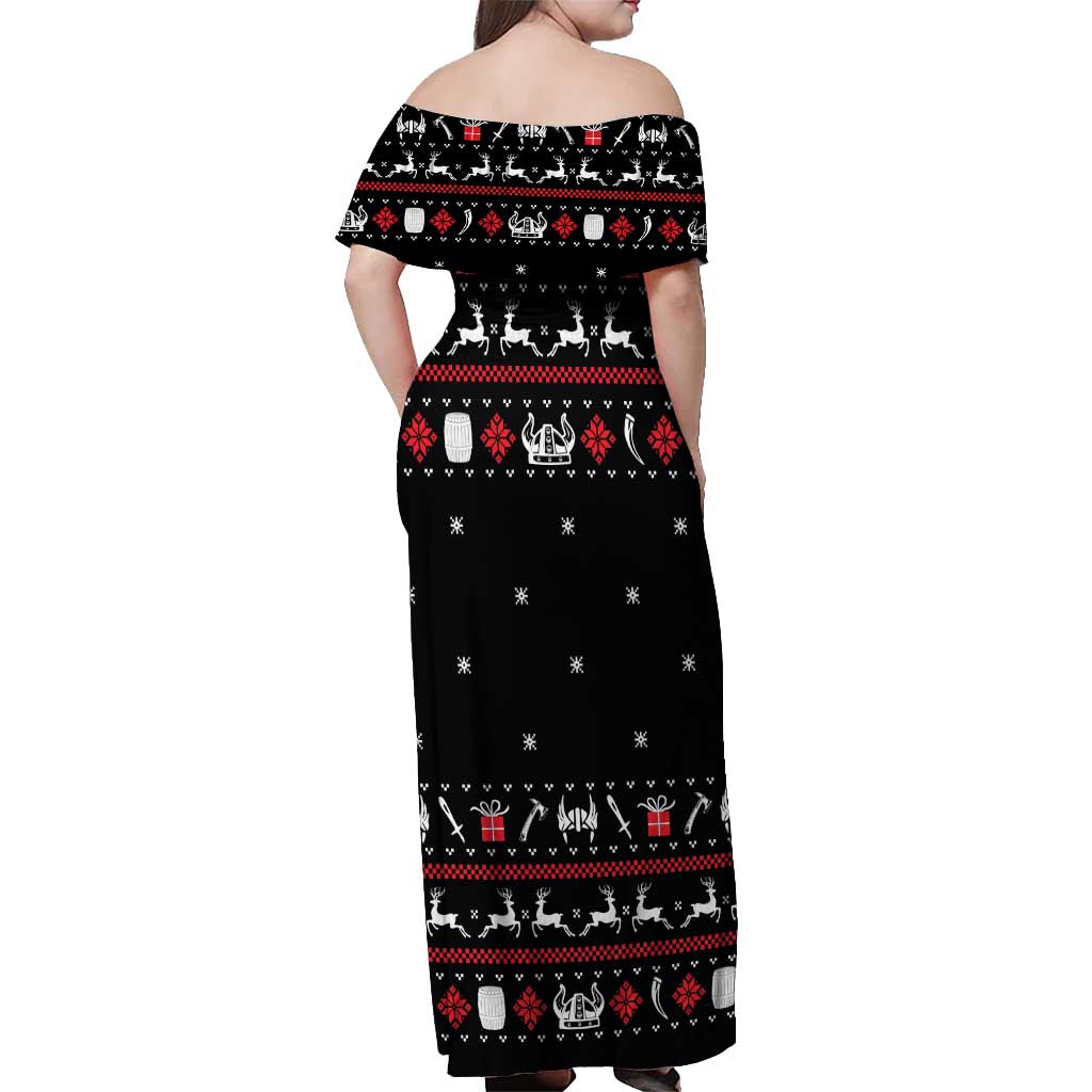 Viking Christmas Off Shoulder Maxi Dress with Fa La La La La Valhalla Quote and Longship Nordic Pattern - Wonder Print Shop