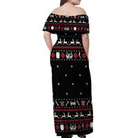 Viking Christmas Off Shoulder Maxi Dress with Fa La La La La Valhalla Quote and Longship Nordic Pattern - Wonder Print Shop