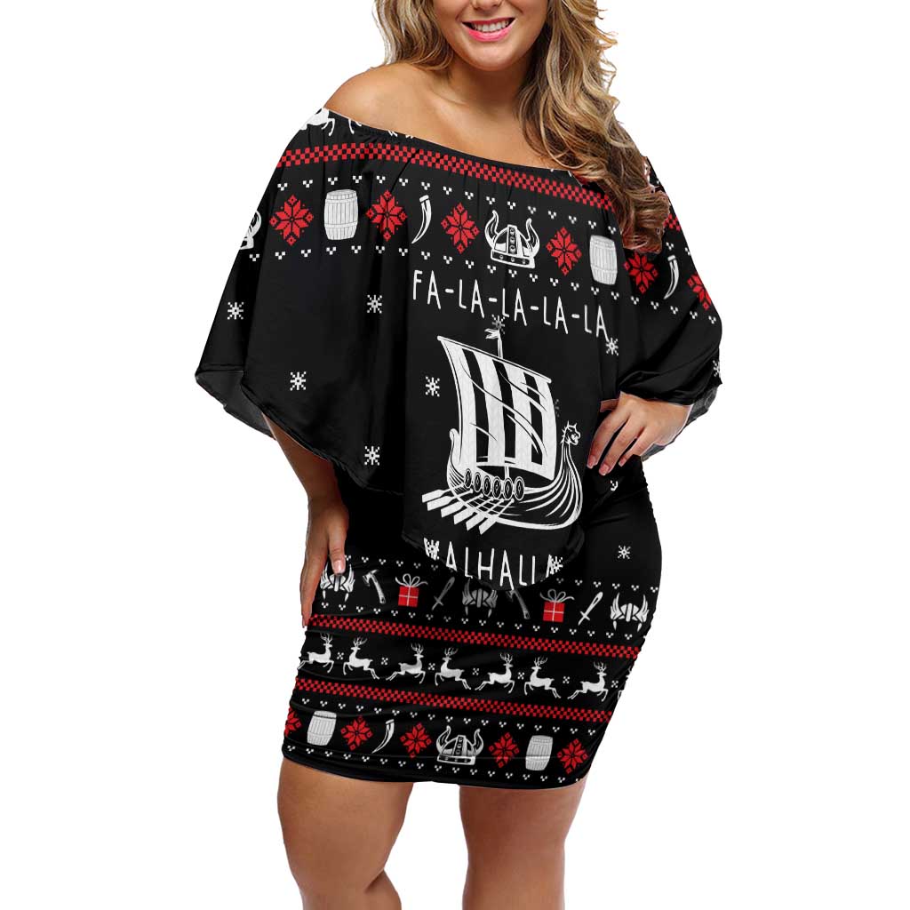 Viking Christmas Off Shoulder Short Dress with Fa La La La La Valhalla Quote and Longship Nordic Pattern - Wonder Print Shop