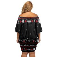 Viking Christmas Off Shoulder Short Dress with Fa La La La La Valhalla Quote and Longship Nordic Pattern - Wonder Print Shop