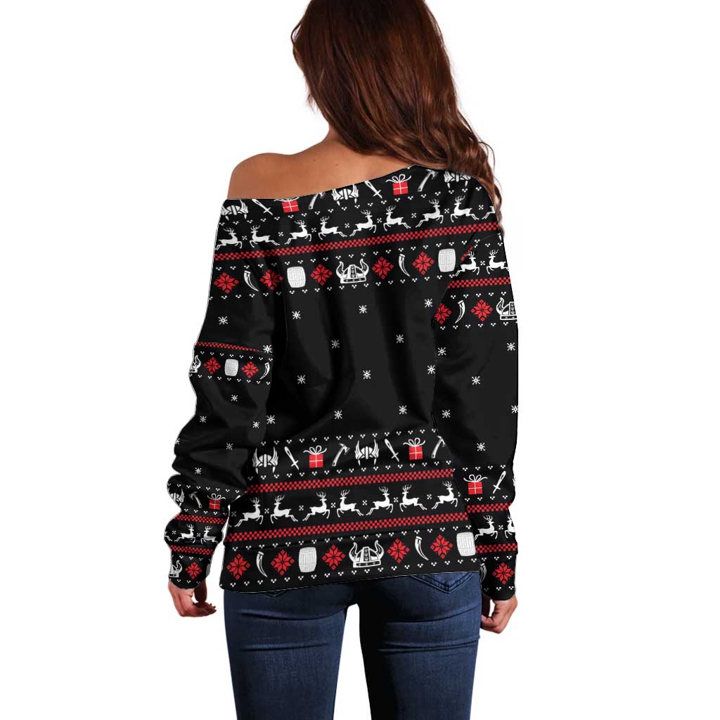 Viking Christmas Off Shoulder Sweater with Fa La La La La Valhalla Quote and Longship Nordic Pattern - Wonder Print Shop