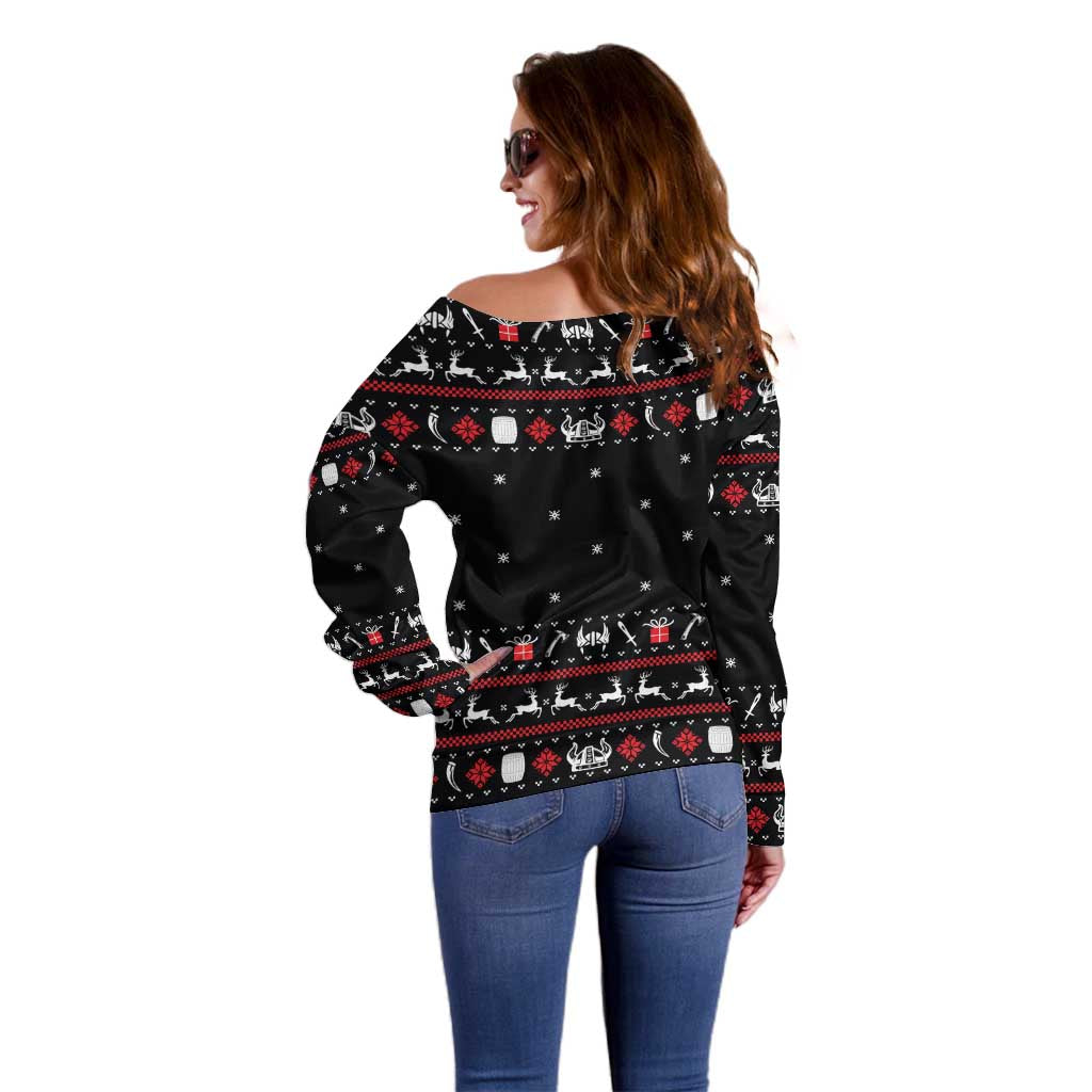 Viking Christmas Off Shoulder Sweater with Fa La La La La Valhalla Quote and Longship Nordic Pattern - Wonder Print Shop