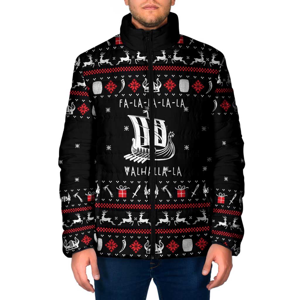 Viking Christmas Padded Jacket with Fa La La La La Valhalla Quote and Longship Nordic Pattern - Wonder Print Shop