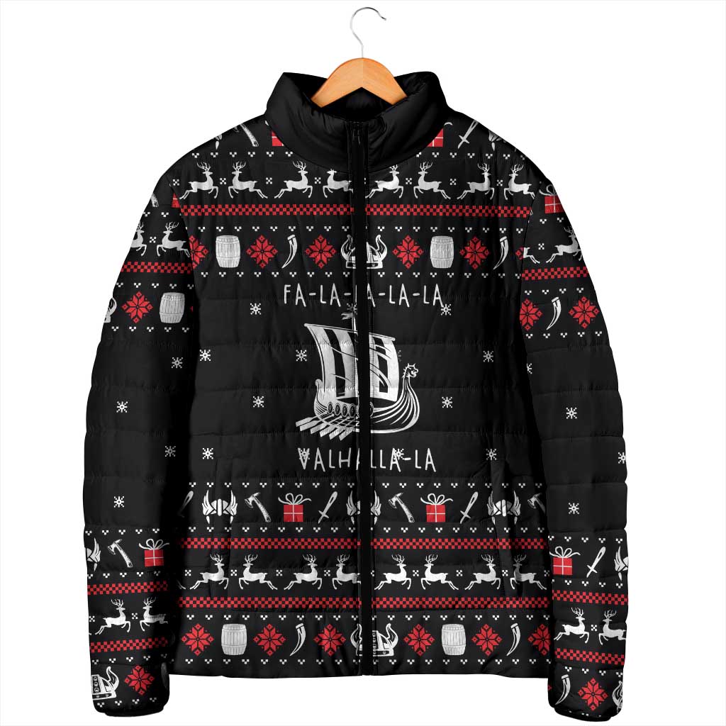 Viking Christmas Padded Jacket with Fa La La La La Valhalla Quote and Longship Nordic Pattern - Wonder Print Shop