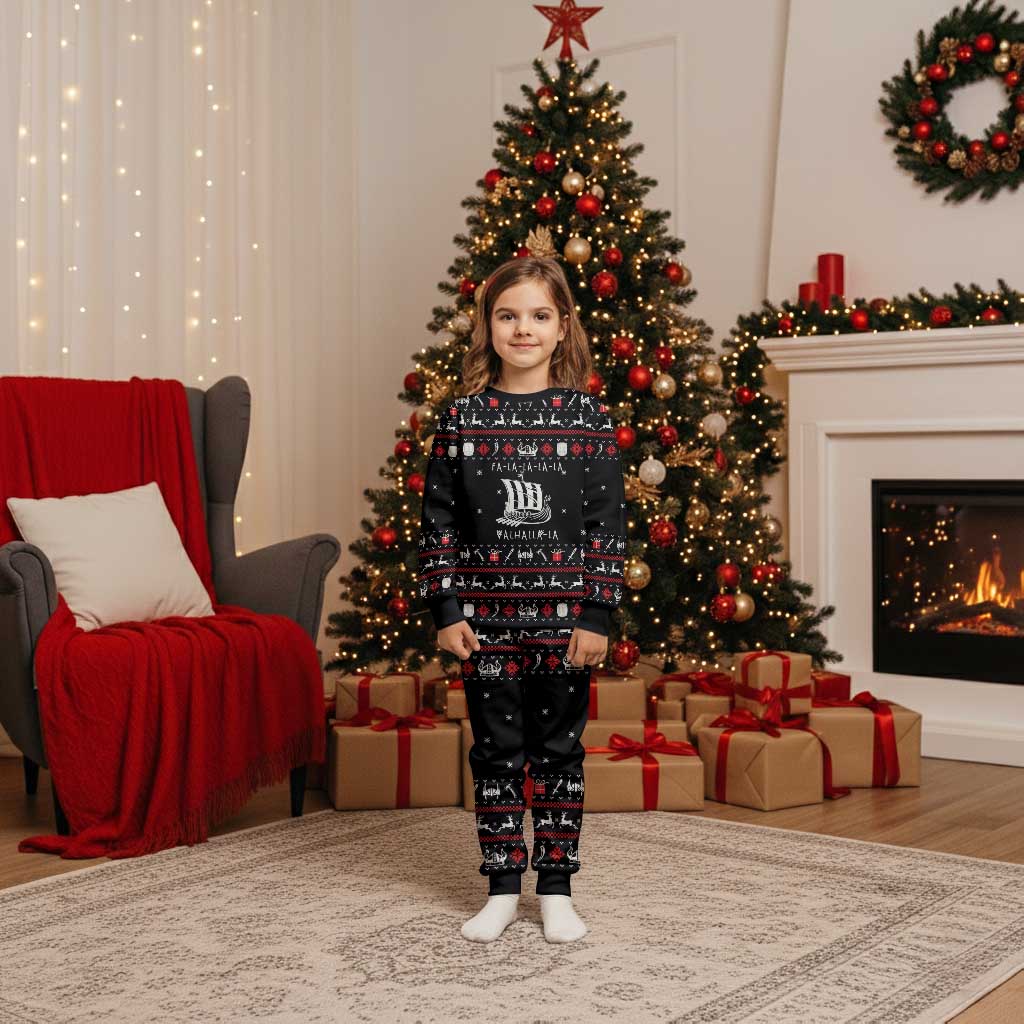 Viking Christmas Pajama Set with Fa La La La La Valhalla Quote and Longship Nordic Pattern - Wonder Print Shop