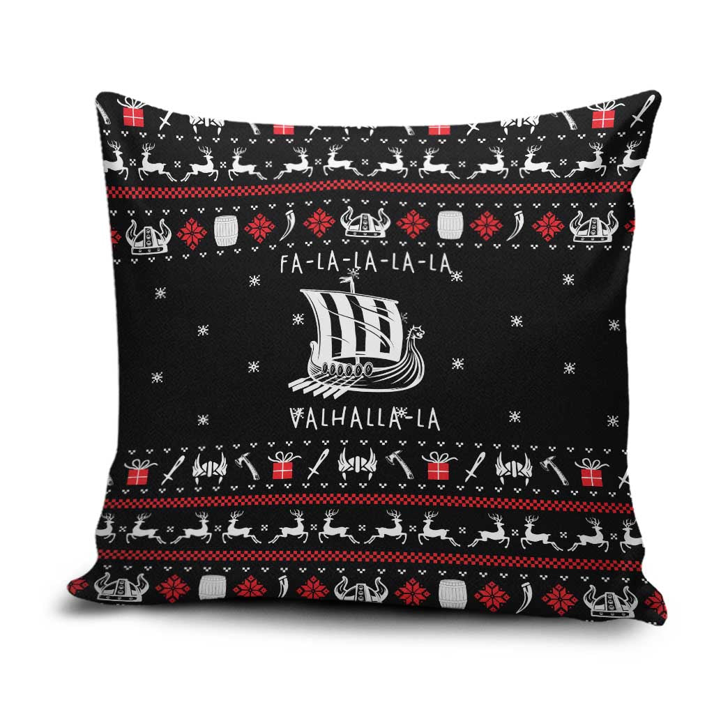 Viking Christmas Pillow Cover with Fa La La La La Valhalla Quote and Longship Nordic Pattern - Wonder Print Shop
