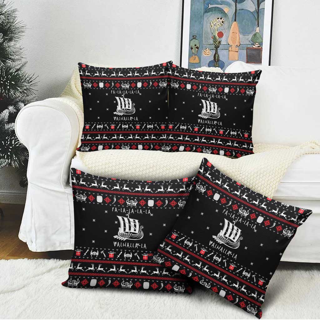 Viking Christmas Pillow Cover with Fa La La La La Valhalla Quote and Longship Nordic Pattern - Wonder Print Shop