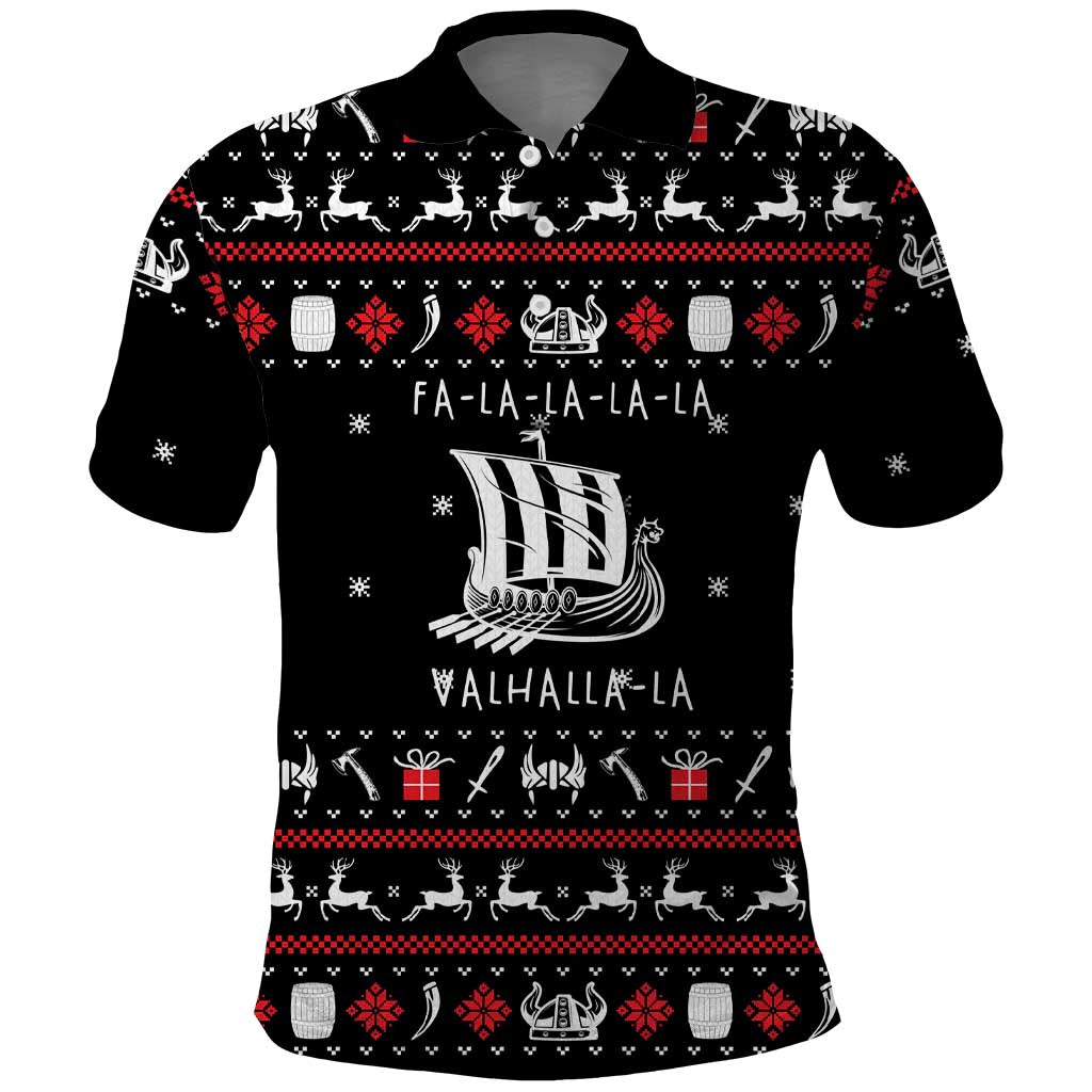Viking Christmas Polo Shirt with Fa La La La La Valhalla Quote and Longship Nordic Pattern - Wonder Print Shop