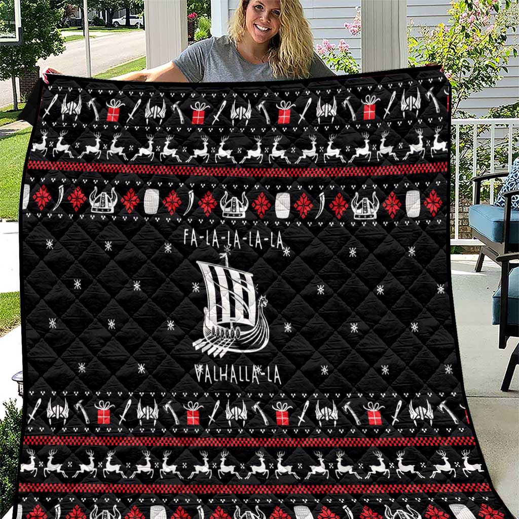 Viking Christmas Quilt with Fa La La La La Valhalla Quote and Longship Nordic Pattern - Wonder Print Shop