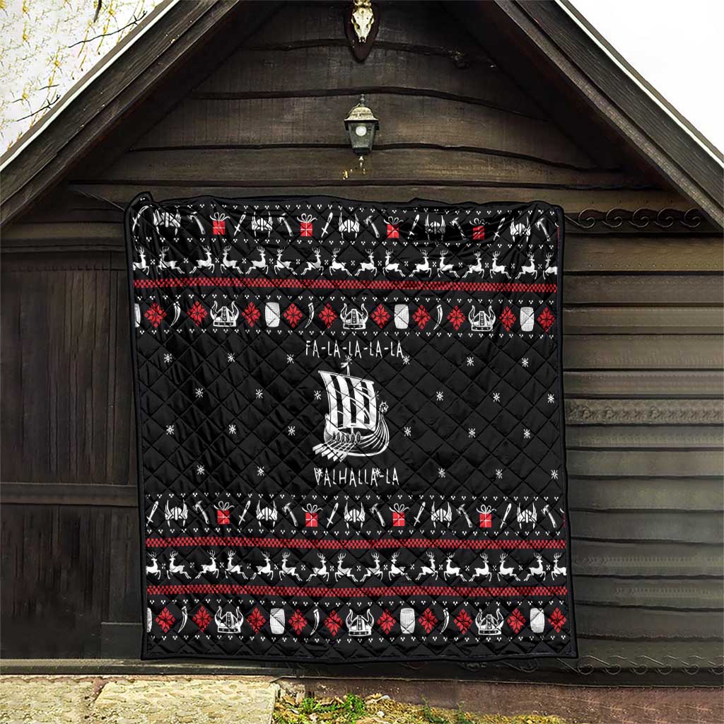 Viking Christmas Quilt with Fa La La La La Valhalla Quote and Longship Nordic Pattern - Wonder Print Shop