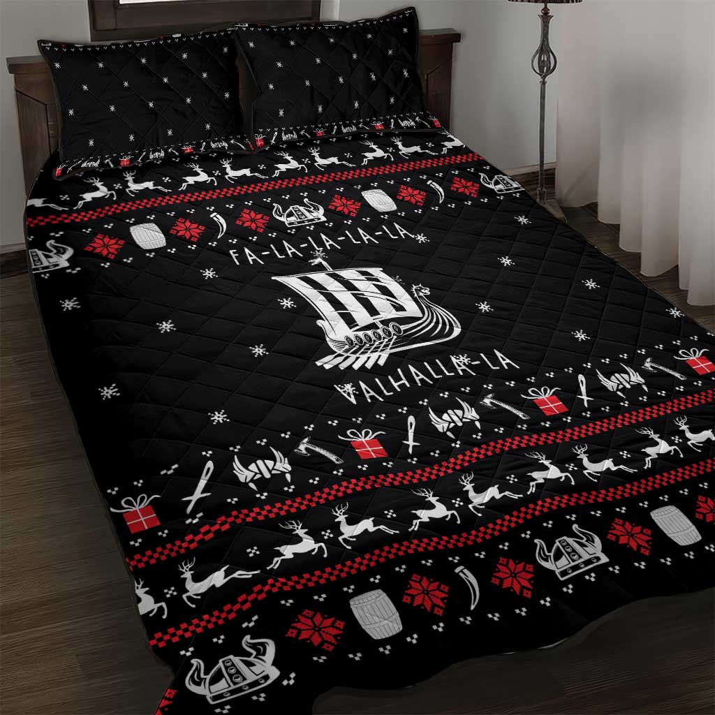 Viking Christmas Quilt Bed Set with Fa La La La La Valhalla Quote and Longship Nordic Pattern - Wonder Print Shop