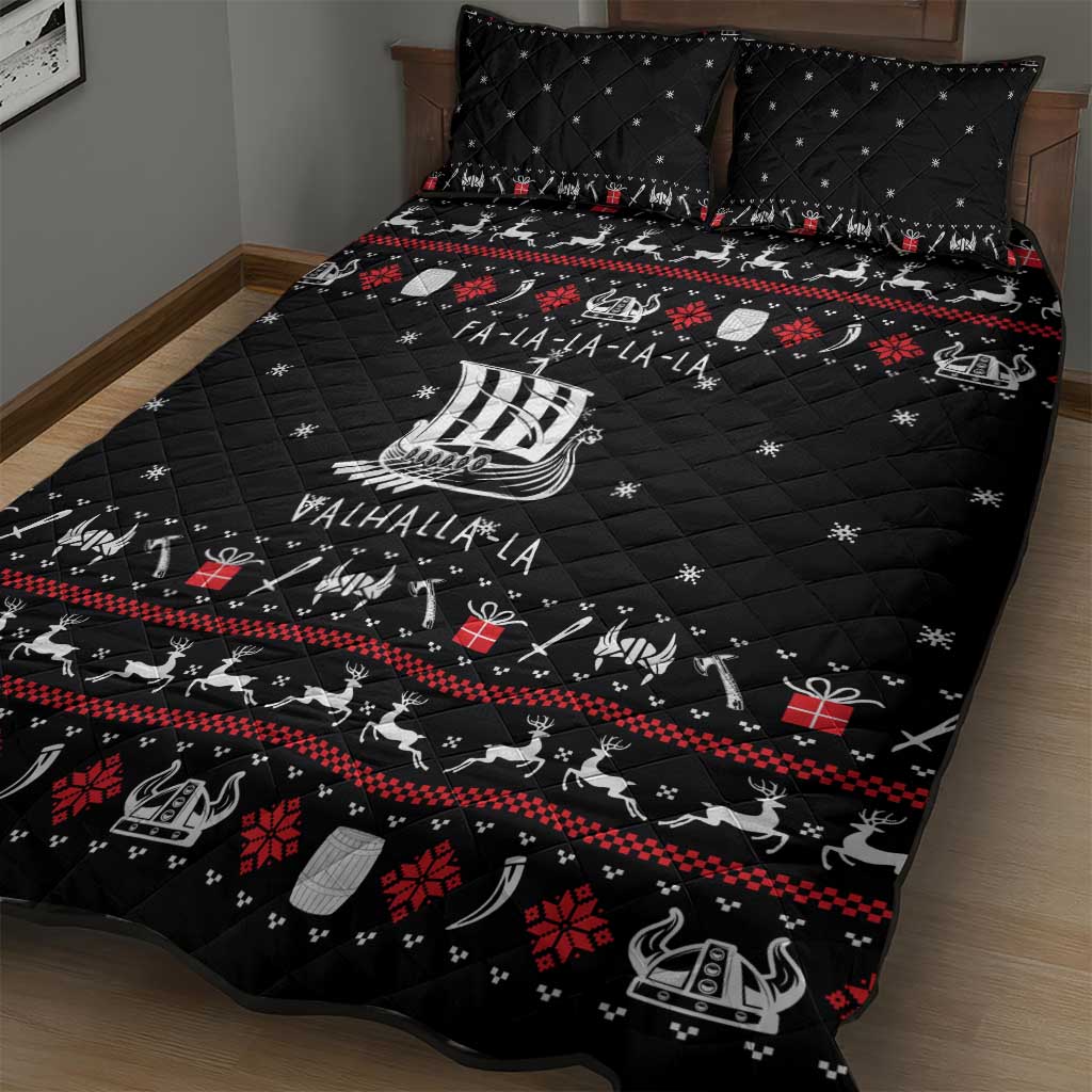 Viking Christmas Quilt Bed Set with Fa La La La La Valhalla Quote and Longship Nordic Pattern - Wonder Print Shop
