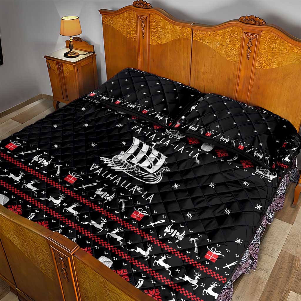 Viking Christmas Quilt Bed Set with Fa La La La La Valhalla Quote and Longship Nordic Pattern - Wonder Print Shop