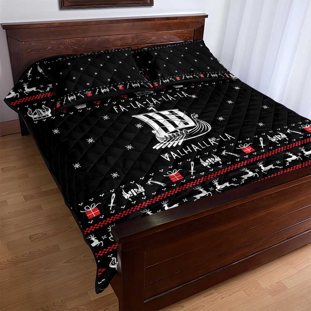 Viking Christmas Quilt Bed Set with Fa La La La La Valhalla Quote and Longship Nordic Pattern - Wonder Print Shop