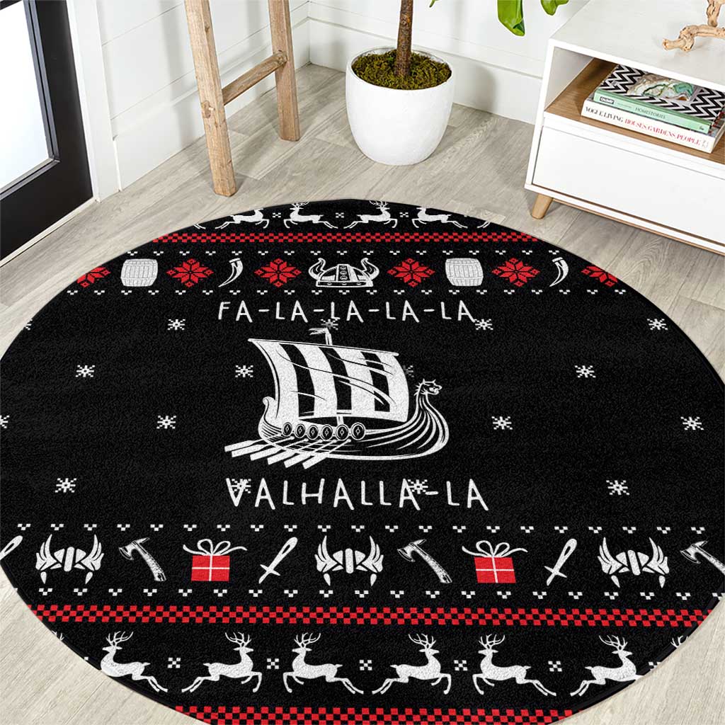 Viking Christmas Round Carpet with Fa La La La La Valhalla Quote and Longship Nordic Pattern - Wonder Print Shop