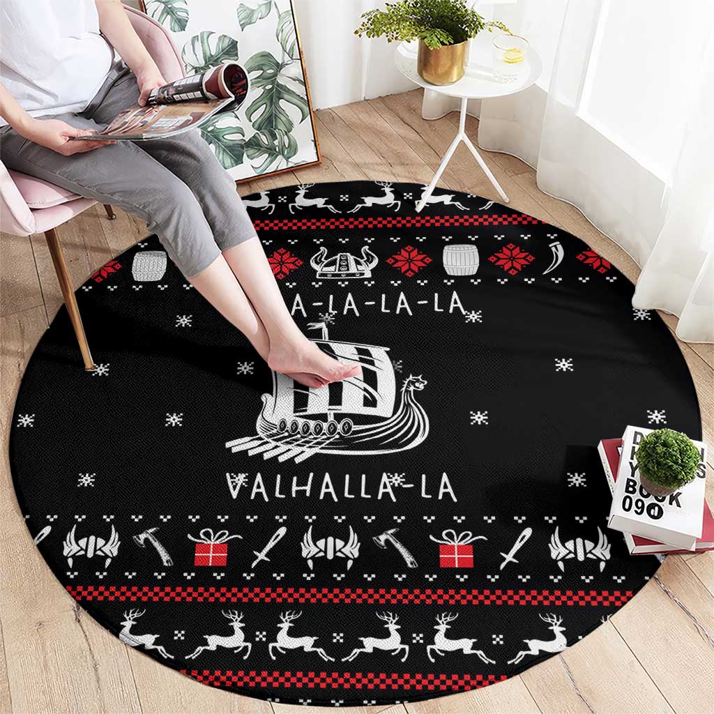 Viking Christmas Round Carpet with Fa La La La La Valhalla Quote and Longship Nordic Pattern - Wonder Print Shop