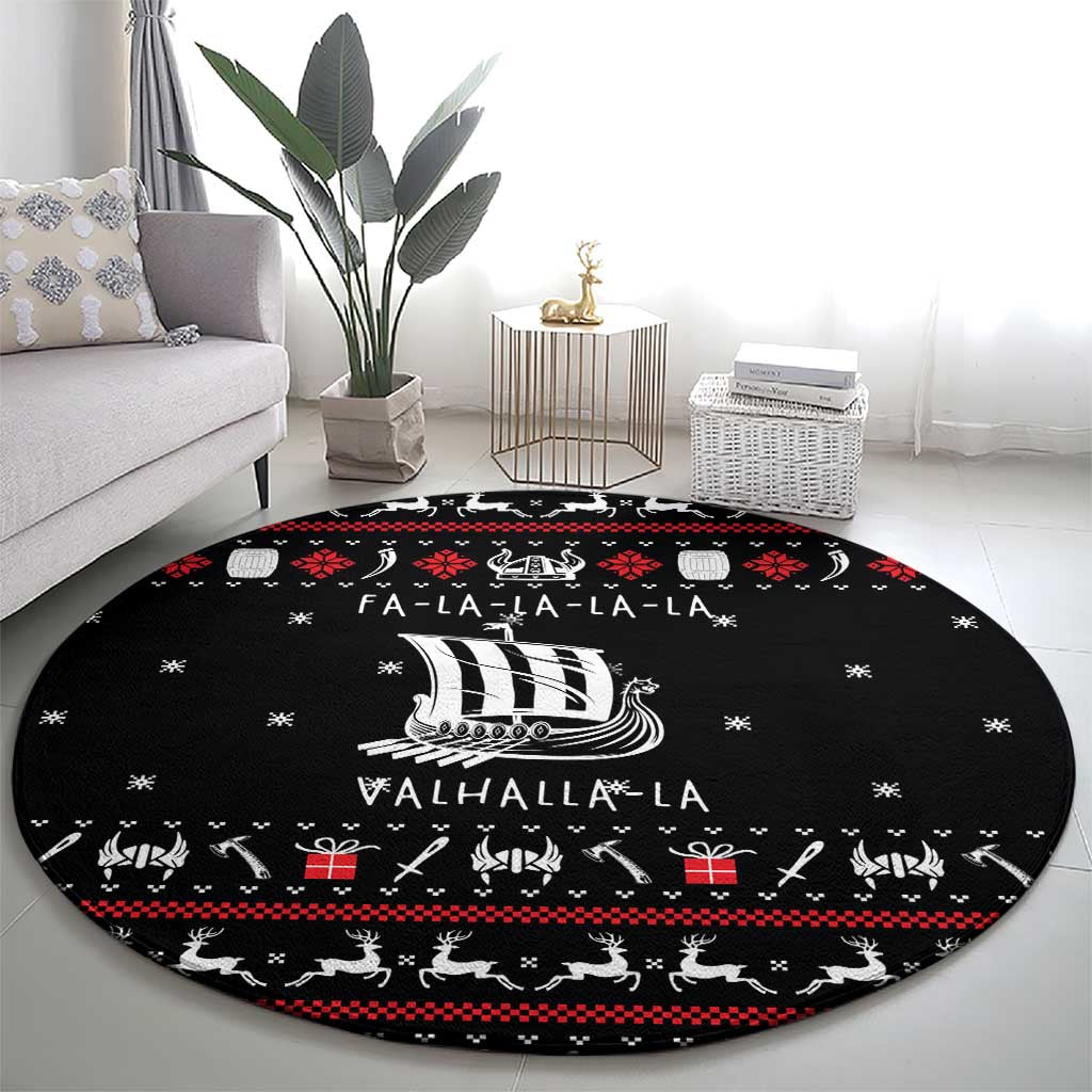 Viking Christmas Round Carpet with Fa La La La La Valhalla Quote and Longship Nordic Pattern - Wonder Print Shop