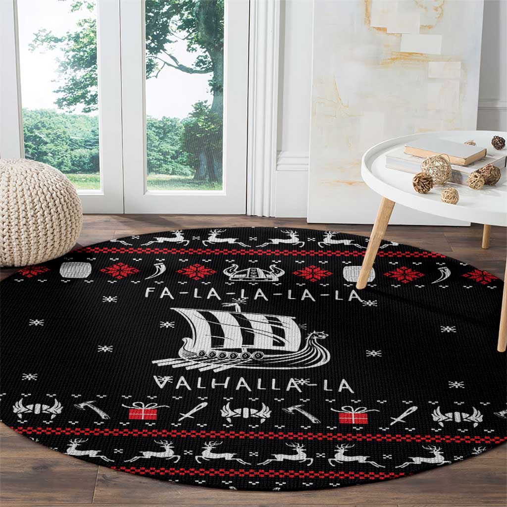Viking Christmas Round Carpet with Fa La La La La Valhalla Quote and Longship Nordic Pattern - Wonder Print Shop