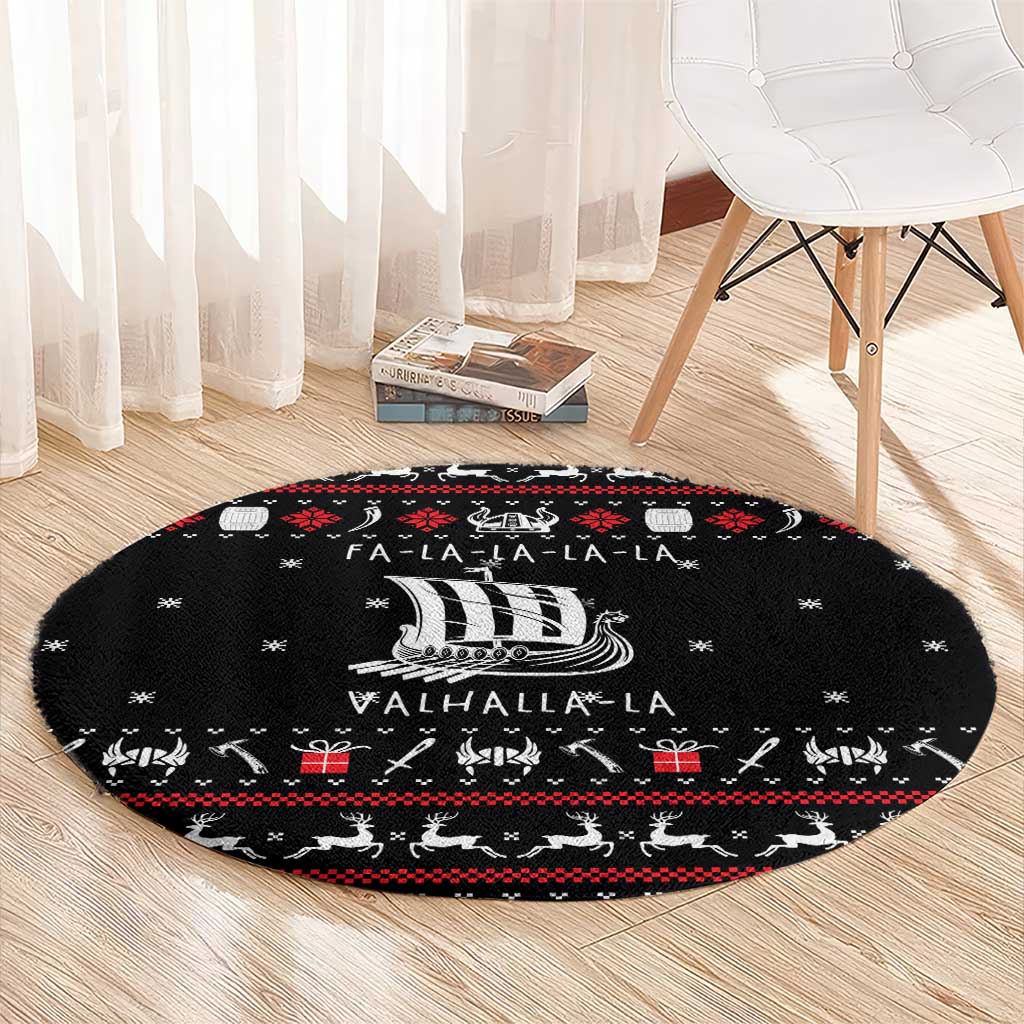 Viking Christmas Round Carpet with Fa La La La La Valhalla Quote and Longship Nordic Pattern - Wonder Print Shop