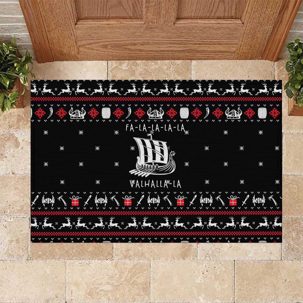 Viking Christmas Rubber Doormat with Fa La La La La Valhalla Quote and Longship Nordic Pattern - Wonder Print Shop