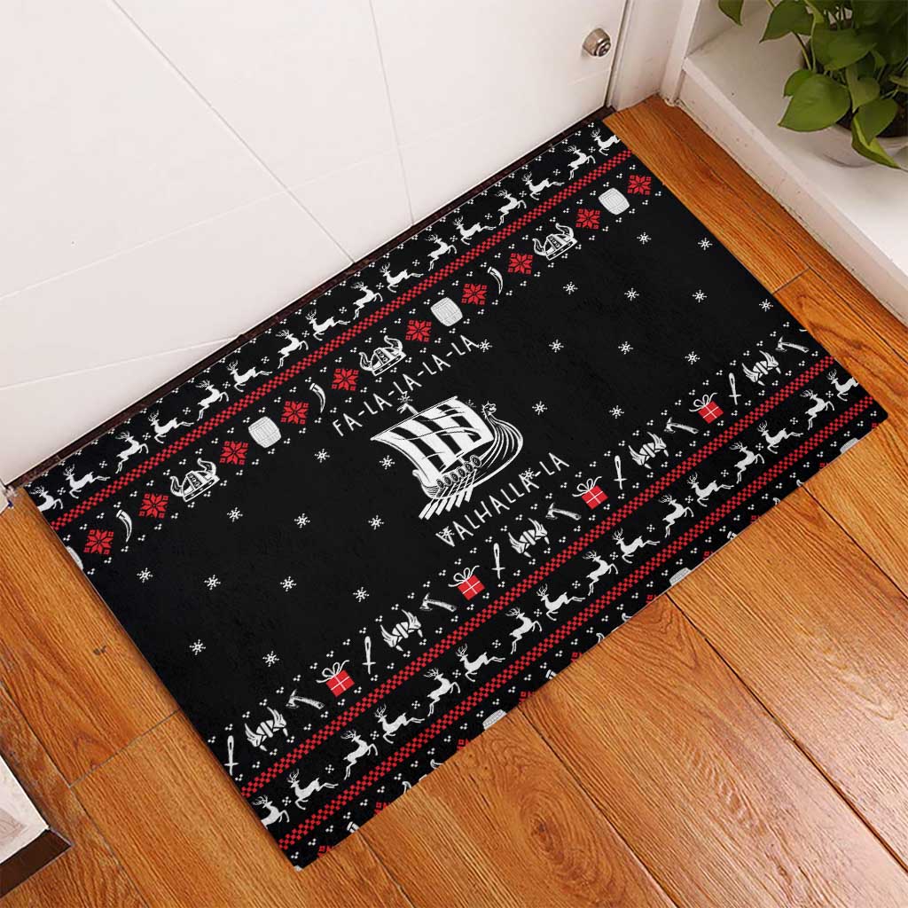 Viking Christmas Rubber Doormat with Fa La La La La Valhalla Quote and Longship Nordic Pattern - Wonder Print Shop