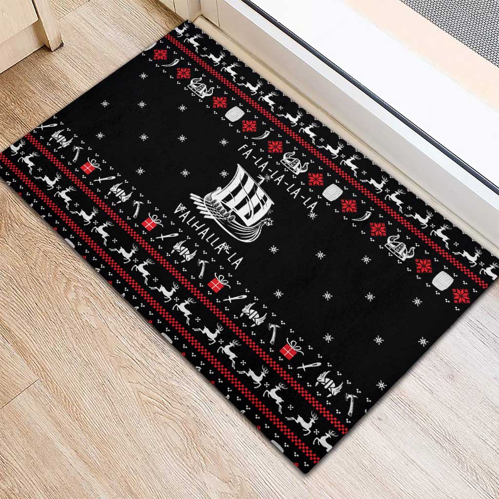 Viking Christmas Rubber Doormat with Fa La La La La Valhalla Quote and Longship Nordic Pattern - Wonder Print Shop