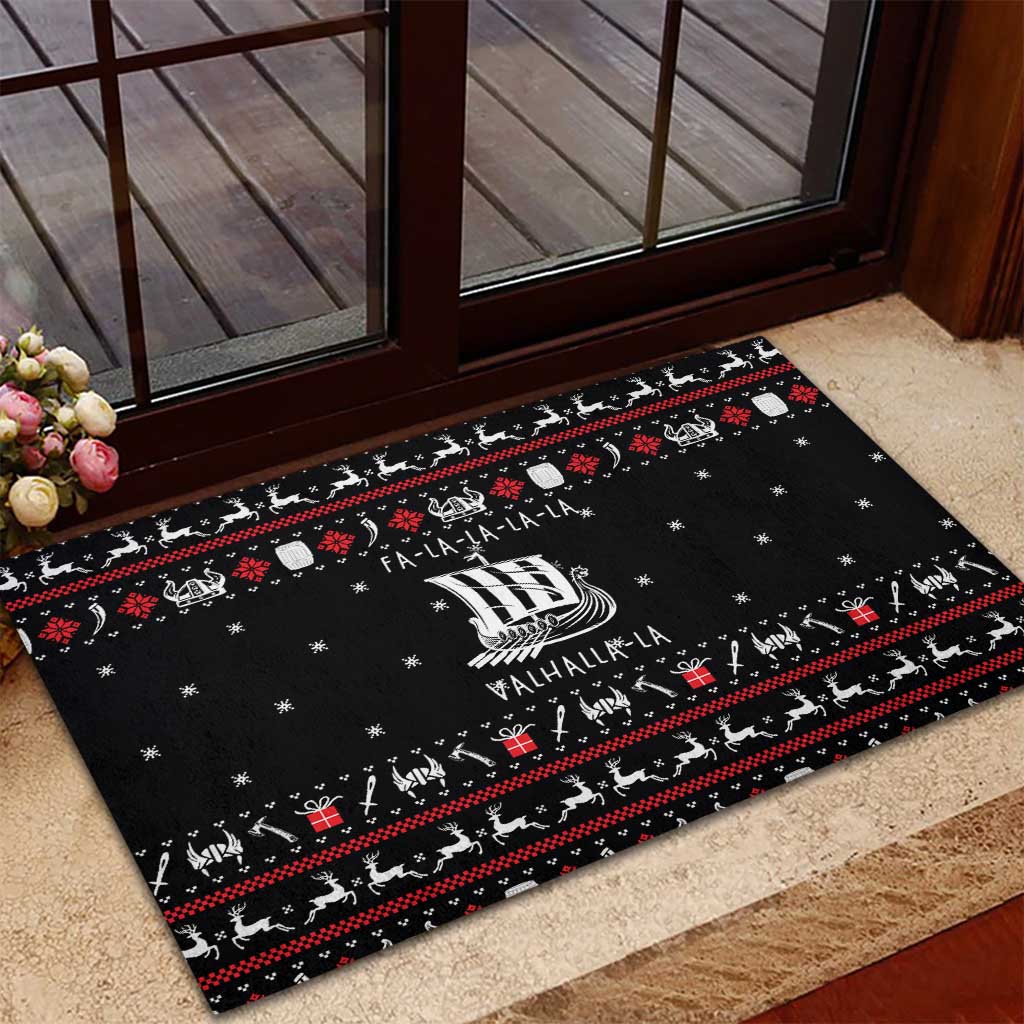 Viking Christmas Rubber Doormat with Fa La La La La Valhalla Quote and Longship Nordic Pattern - Wonder Print Shop