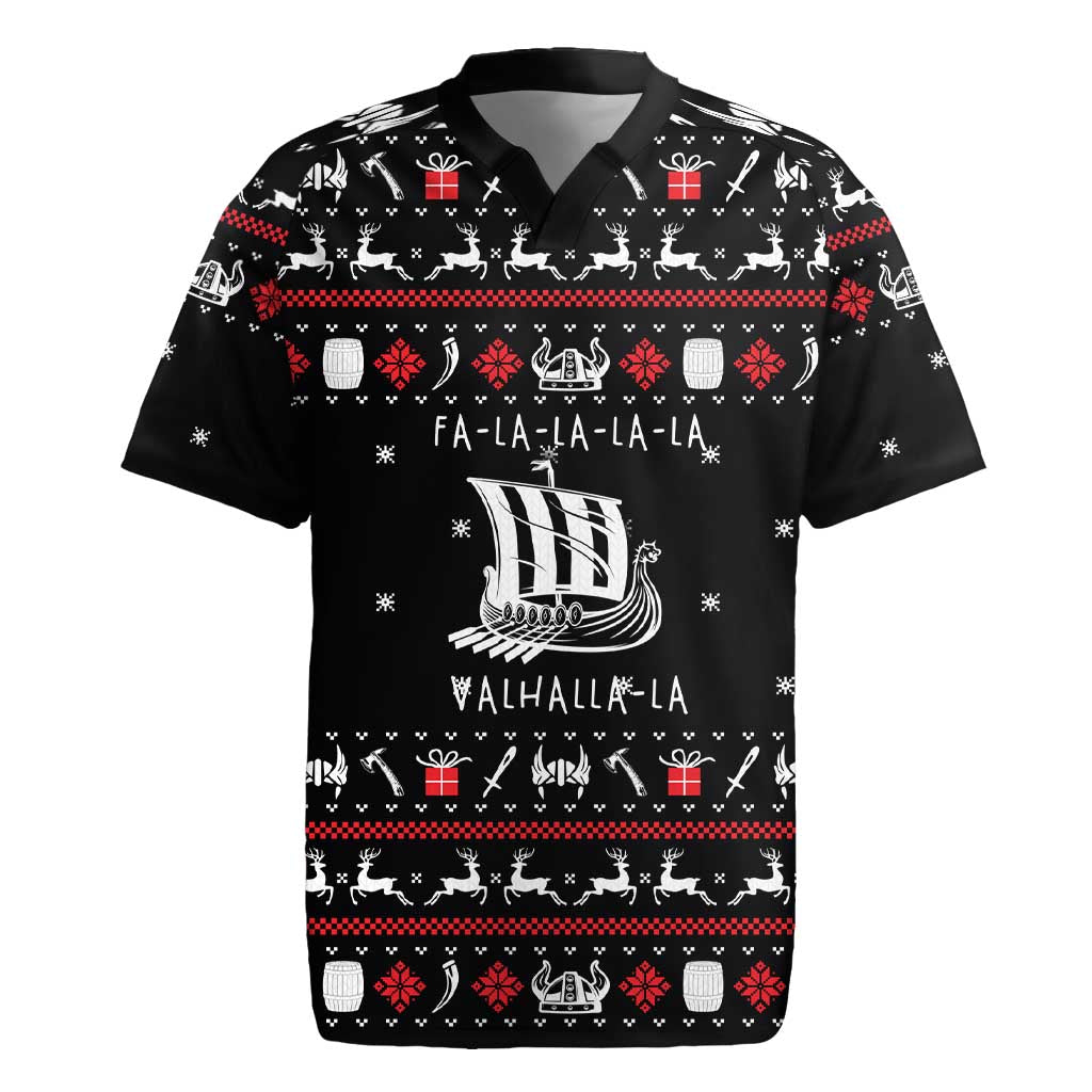 Viking Christmas Rugby Jersey with Fa La La La La Valhalla Quote and Longship Nordic Pattern - Wonder Print Shop
