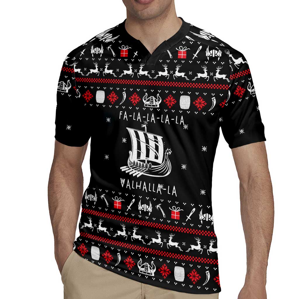 Viking Christmas Rugby Jersey with Fa La La La La Valhalla Quote and Longship Nordic Pattern - Wonder Print Shop