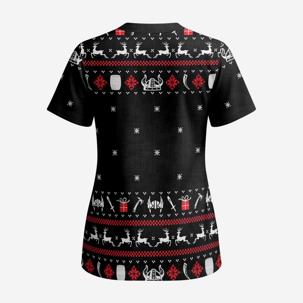 Viking Christmas Scrub Top with Fa La La La La Valhalla Quote and Longship Nordic Pattern - Wonder Print Shop