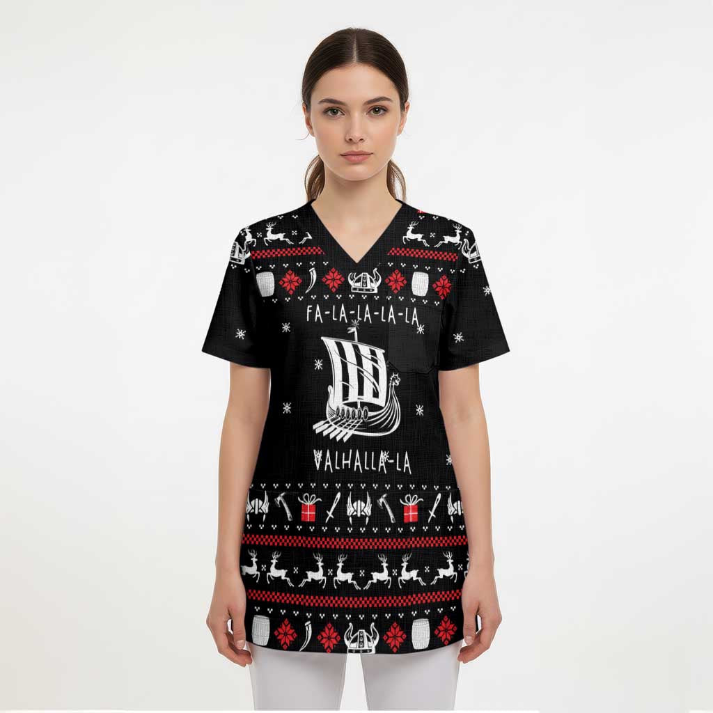 Viking Christmas Scrub Top with Fa La La La La Valhalla Quote and Longship Nordic Pattern - Wonder Print Shop