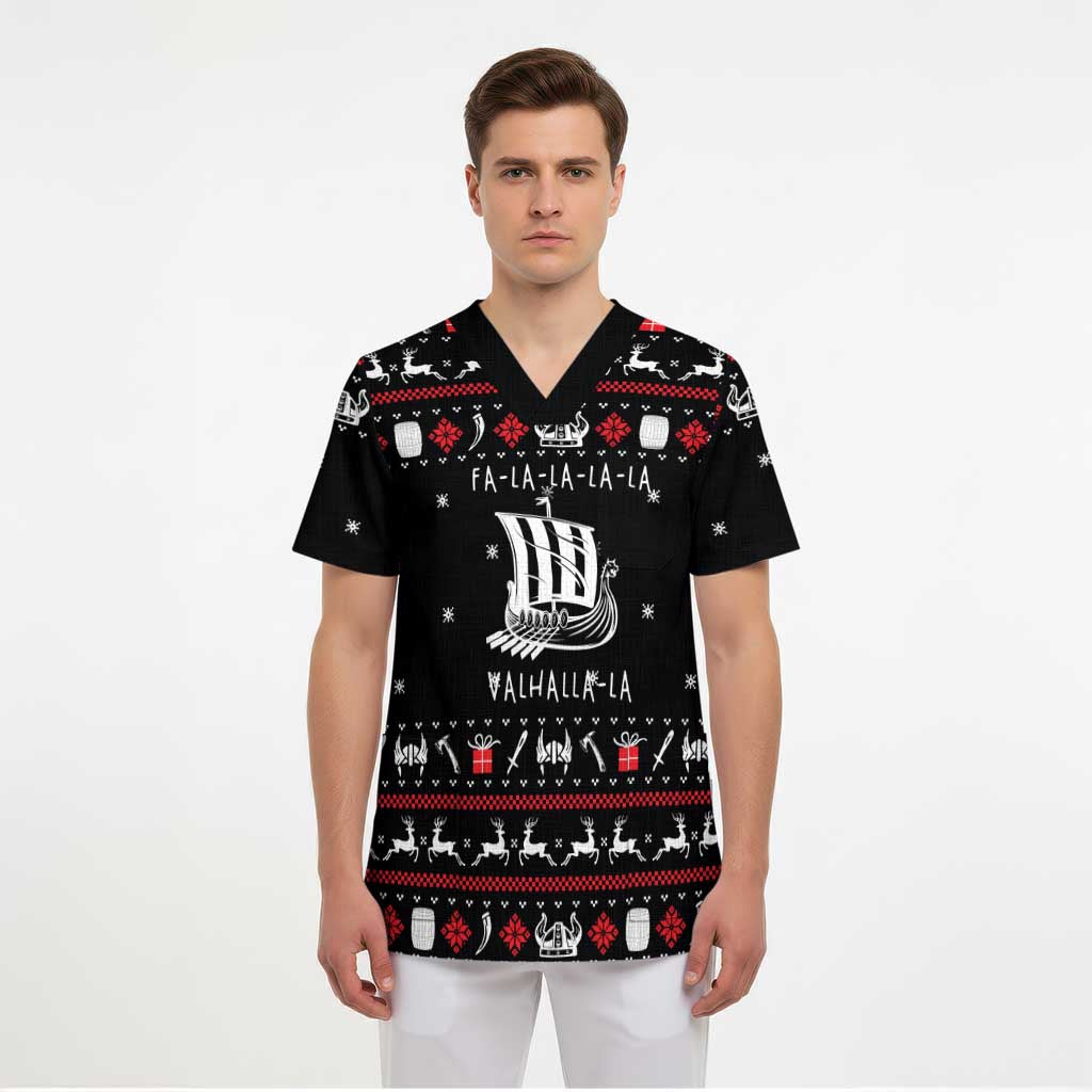 Viking Christmas Scrub Top with Fa La La La La Valhalla Quote and Longship Nordic Pattern - Wonder Print Shop
