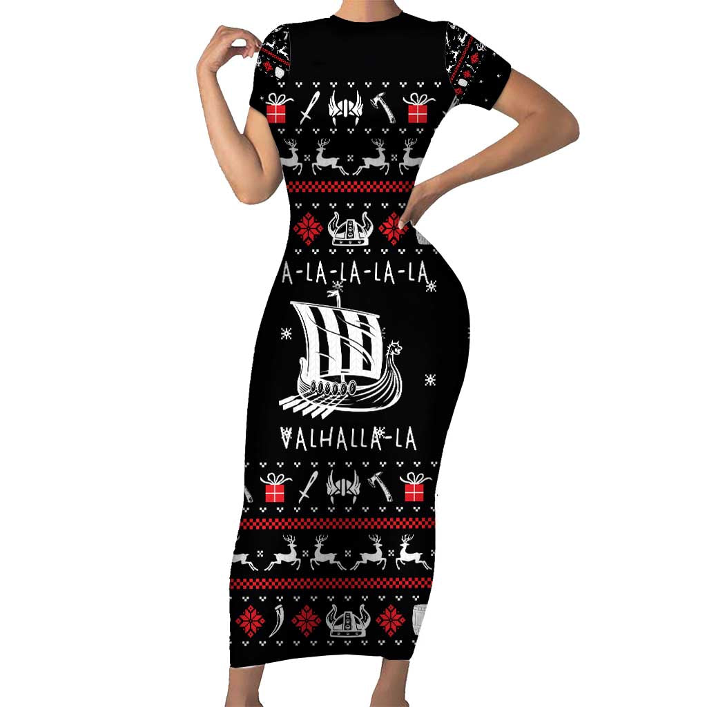 Viking Christmas Short Sleeve Bodycon Dress with Fa La La La La Valhalla Quote and Longship Nordic Pattern - Wonder Print Shop