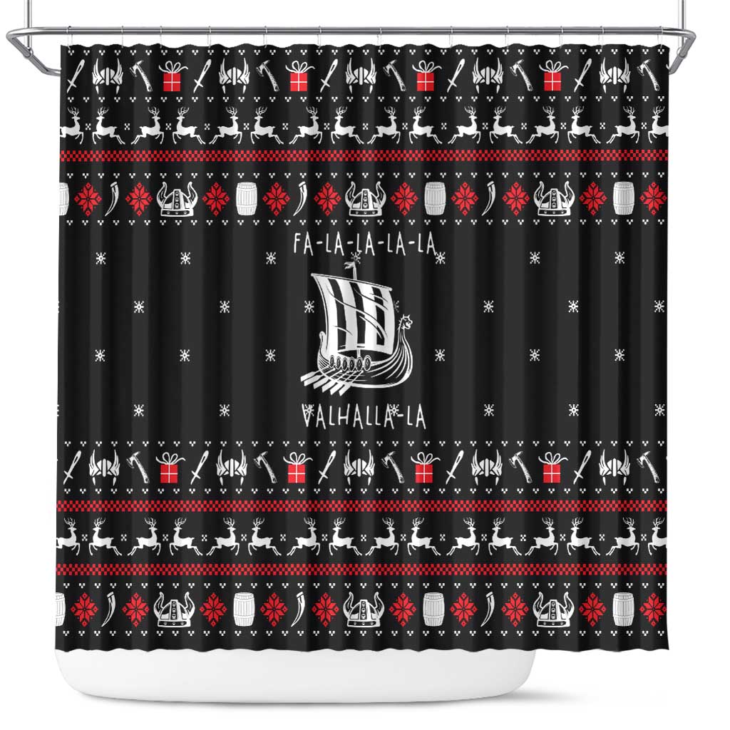 Viking Christmas Shower Curtain with Fa La La La La Valhalla Quote and Longship Nordic Pattern - Wonder Print Shop
