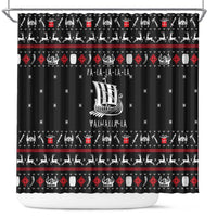 Viking Christmas Shower Curtain with Fa La La La La Valhalla Quote and Longship Nordic Pattern - Wonder Print Shop