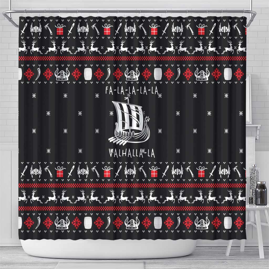 Viking Christmas Shower Curtain with Fa La La La La Valhalla Quote and Longship Nordic Pattern - Wonder Print Shop